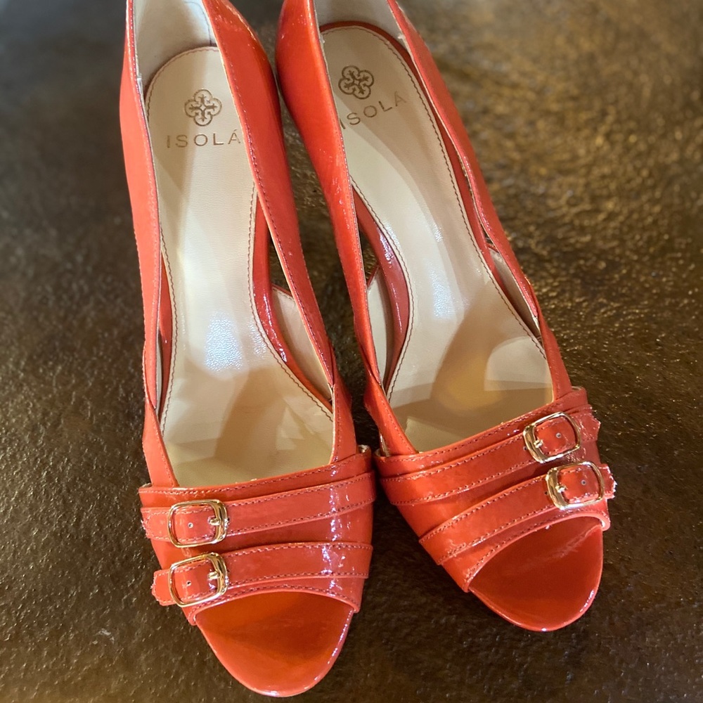 Coral peep toe heels